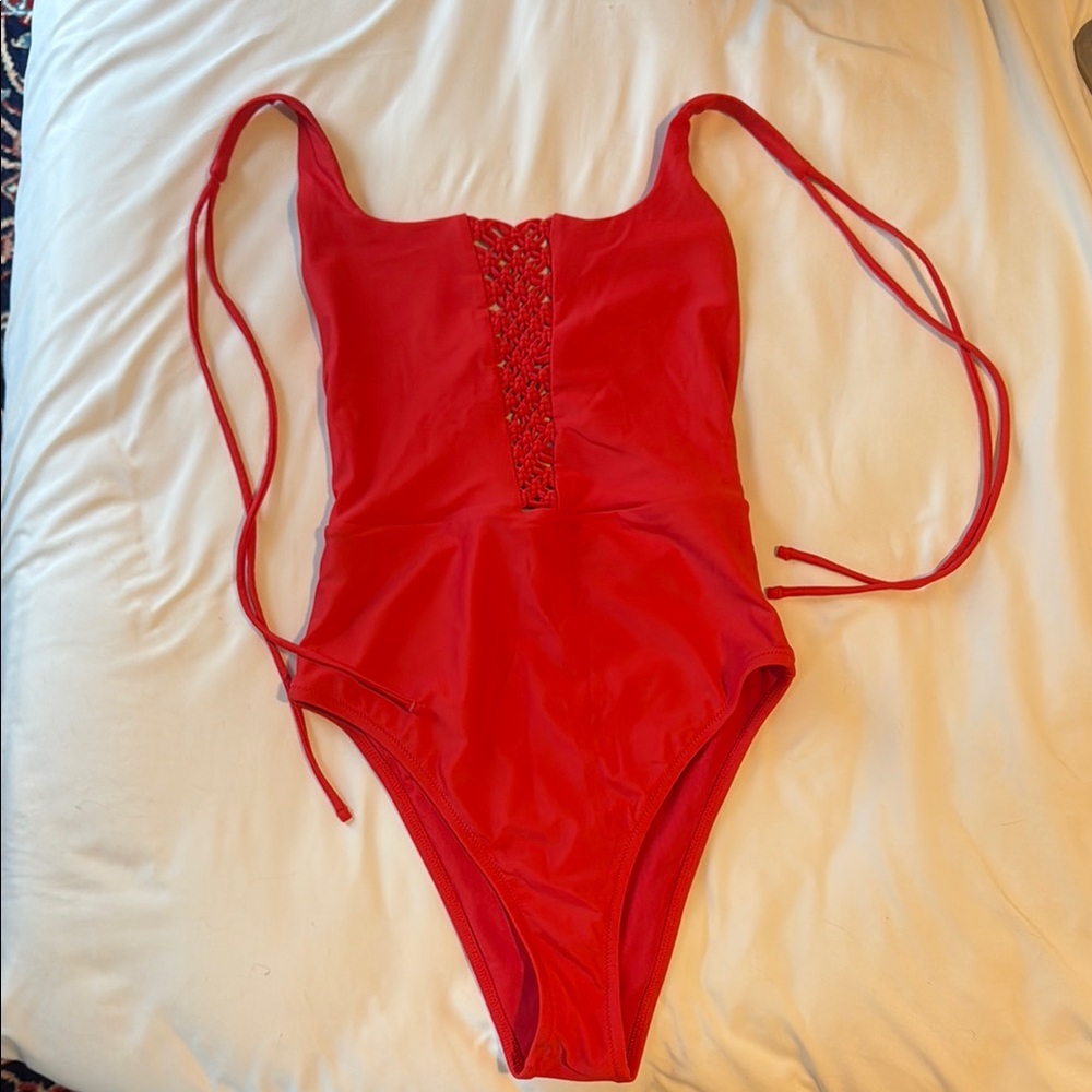 Aerie Red High Cut One Piece Swimsuit Halter